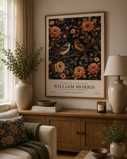 Botanical bird wall art with detailed floral blooms and perched songbirds inspired by classic William Morris artwork.