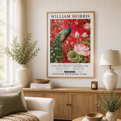 Botanical peacock wall art with colourful plumage, pink lotus blooms and rich red floral detailing.