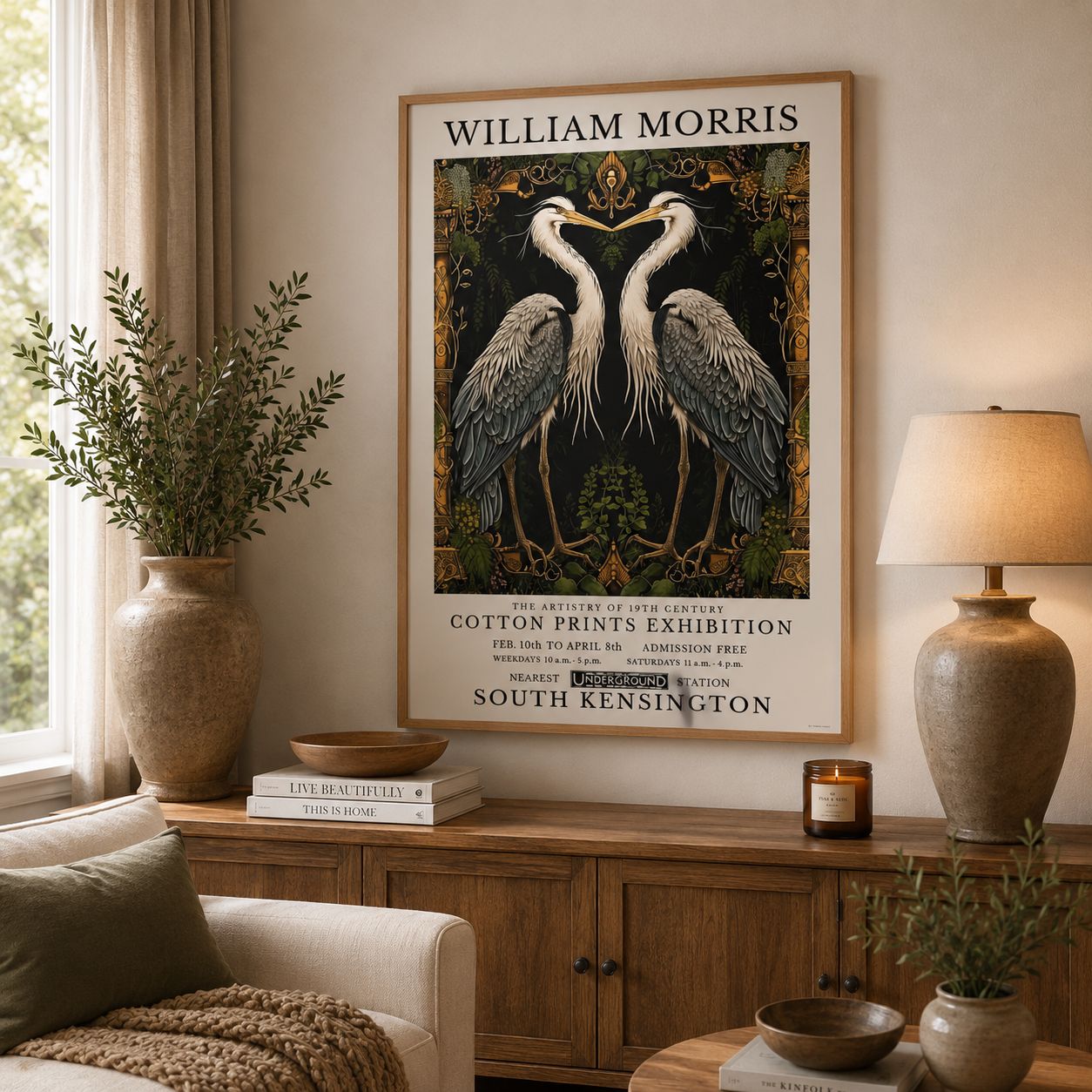 Vintage botanical bird wall art showcasing two graceful herons against a dramatic dark background with Arts and Crafts styling.