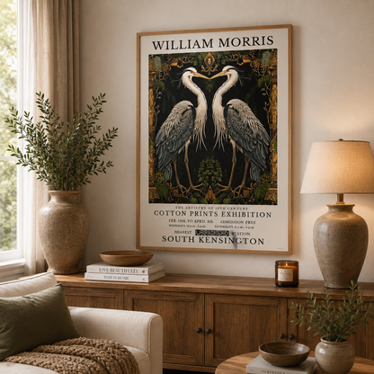 Vintage botanical bird wall art showcasing two graceful herons against a dramatic dark background with Arts and Crafts styling.