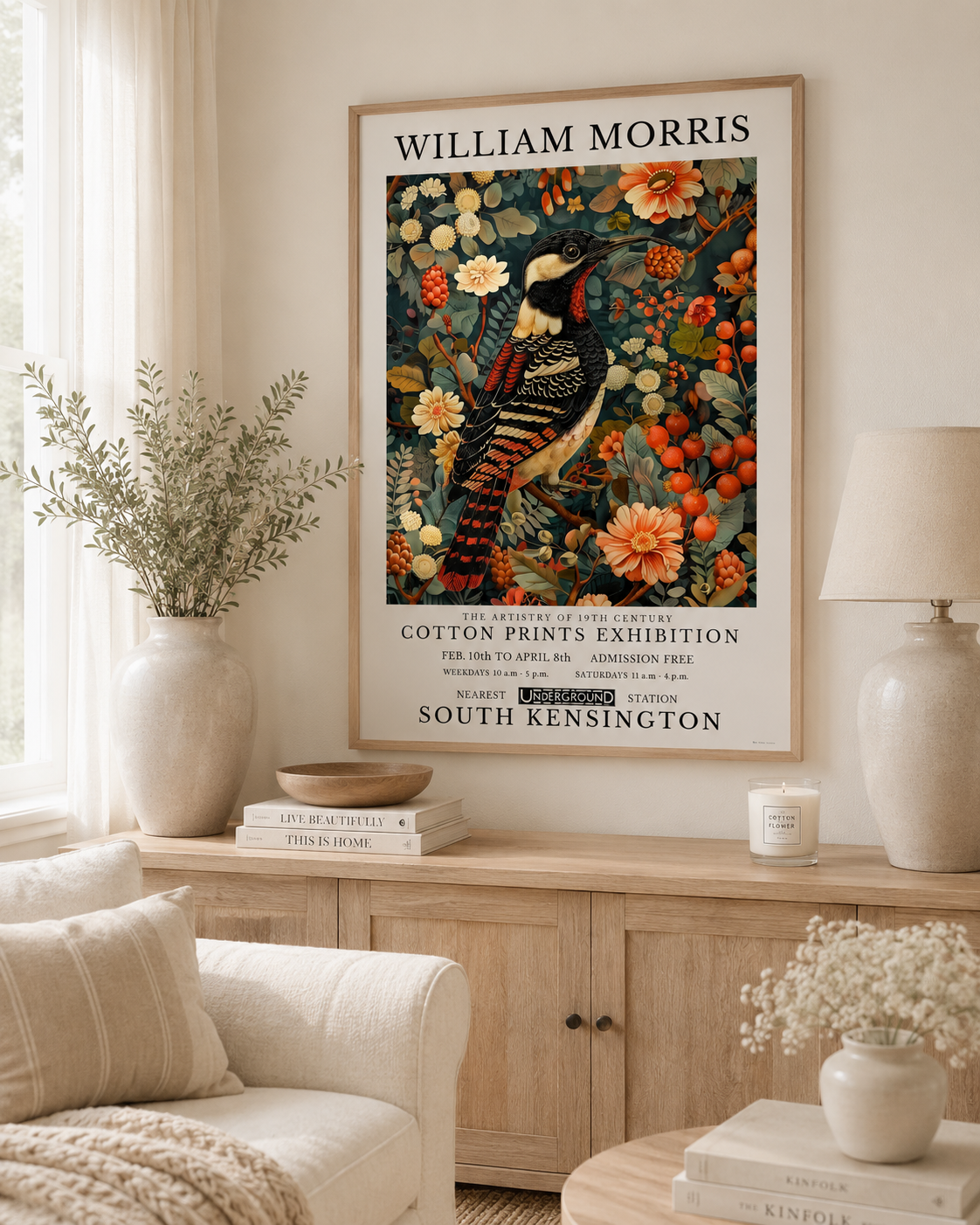 Botanical bird wall art showcasing a detailed woodpecker surrounded by floral blooms and colourful berries.
