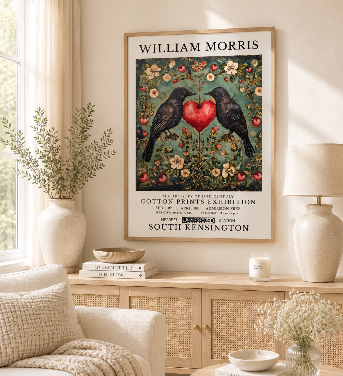 Vintage bird wall art with romantic floral design in traditional William Morris style