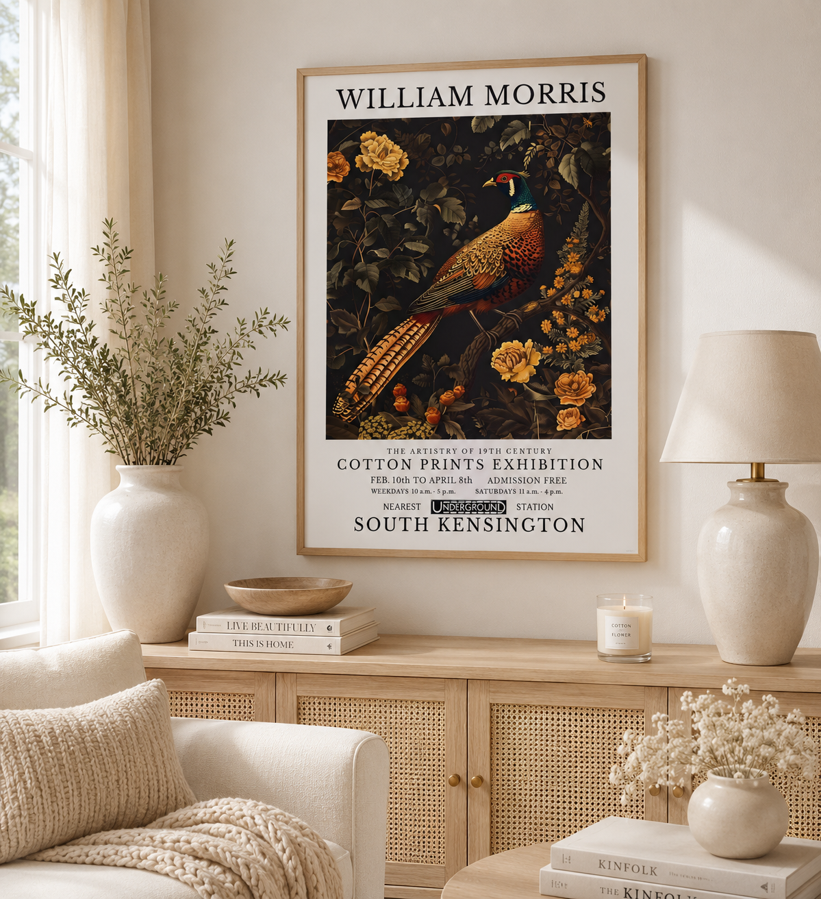 Botanical pheasant wall art with floral details in a traditional Arts and Crafts style.