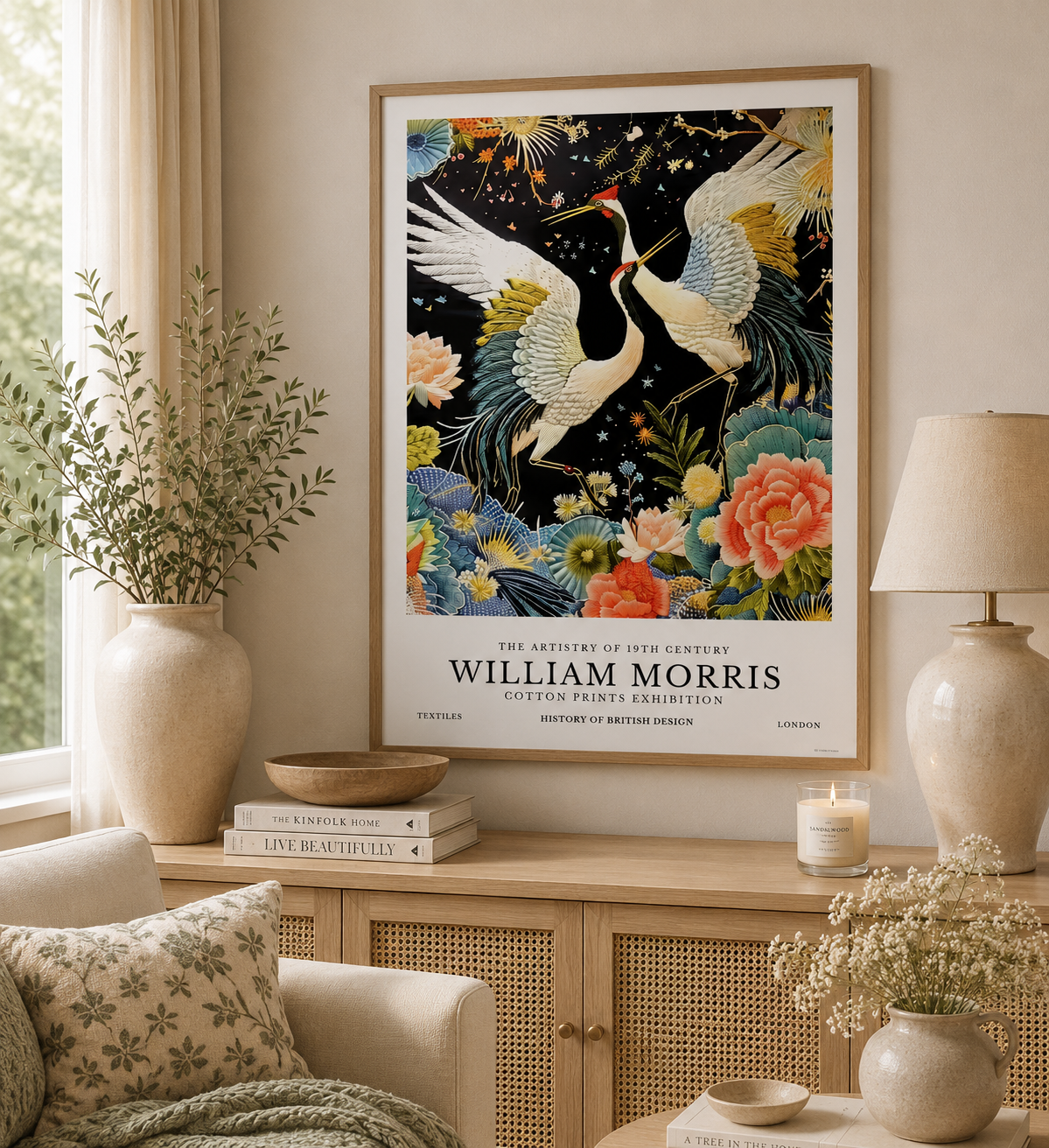 William Morris inspired crane print featuring two elegant white cranes in flight surrounded by colourful floral blooms and botanical elements. Vintage style wall art poster with Japanese influences, ideal for living rooms, bedrooms and nature-inspired interiors.