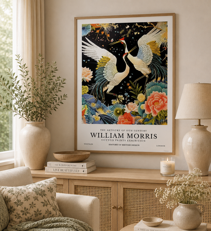 William Morris inspired crane print featuring two elegant white cranes in flight surrounded by colourful floral blooms and botanical elements. Vintage style wall art poster with Japanese influences, ideal for living rooms, bedrooms and nature-inspired interiors.