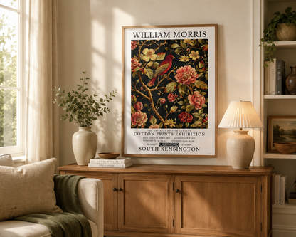 Vintage botanical bird print featuring crimson bird surrounded by detailed flowers and foliage