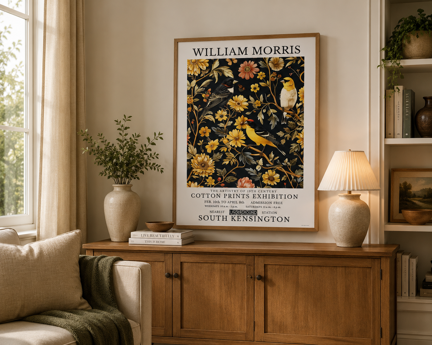 Vintage botanical bird print with golden floral design and traditional William Morris style artwork