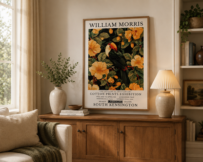 Tropical bird print featuring colourful toucan and golden floral design on dark background