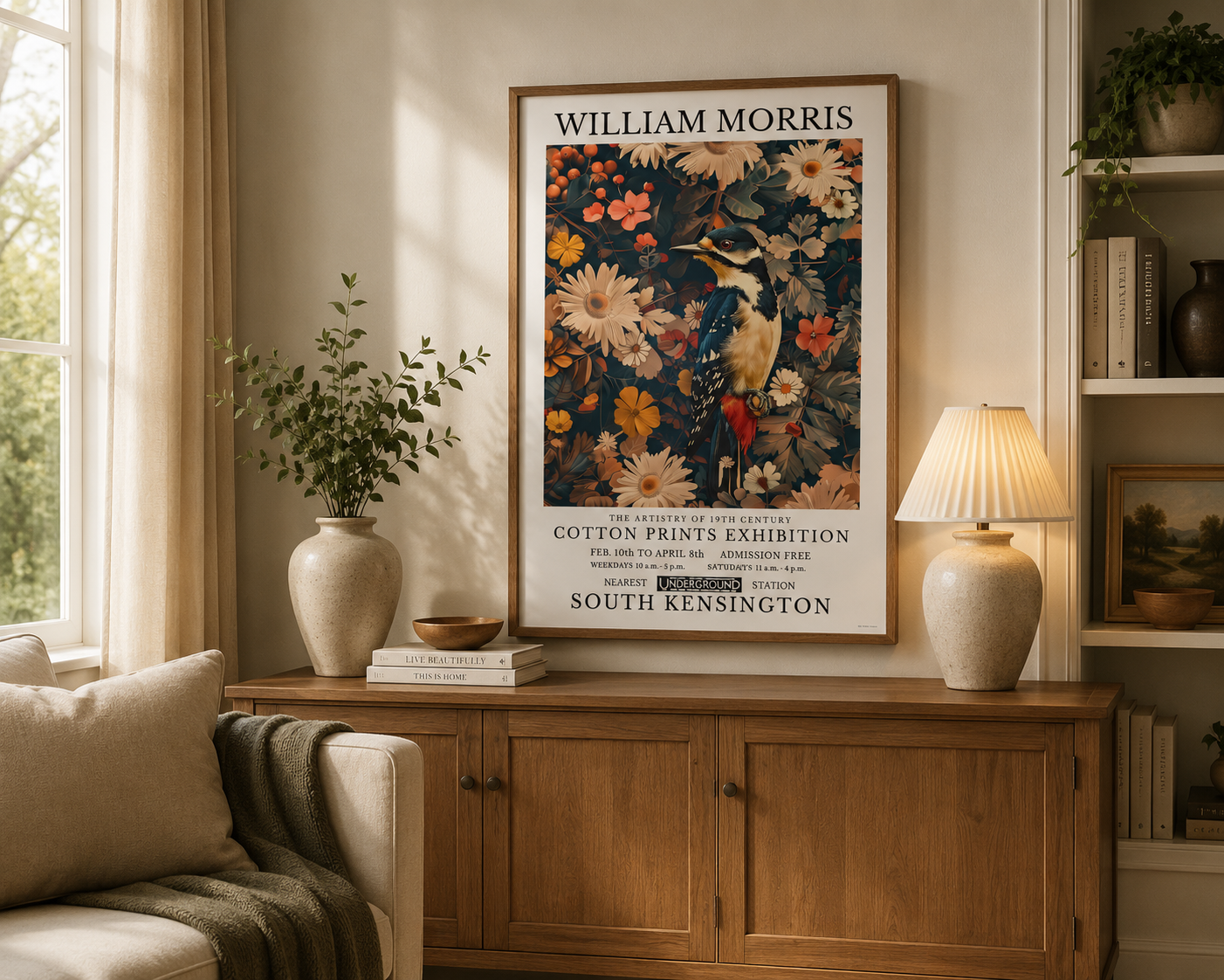 Vintage botanical bird print featuring woodpecker with floral pattern on navy background