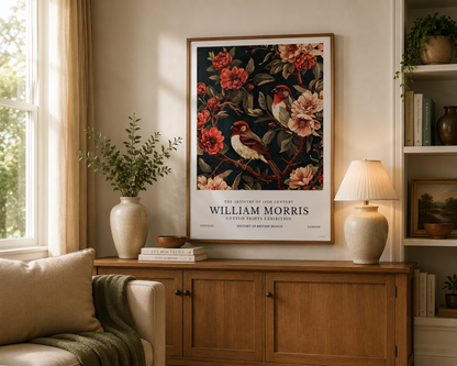 Vintage botanical bird print with elegant flowers and rich navy background