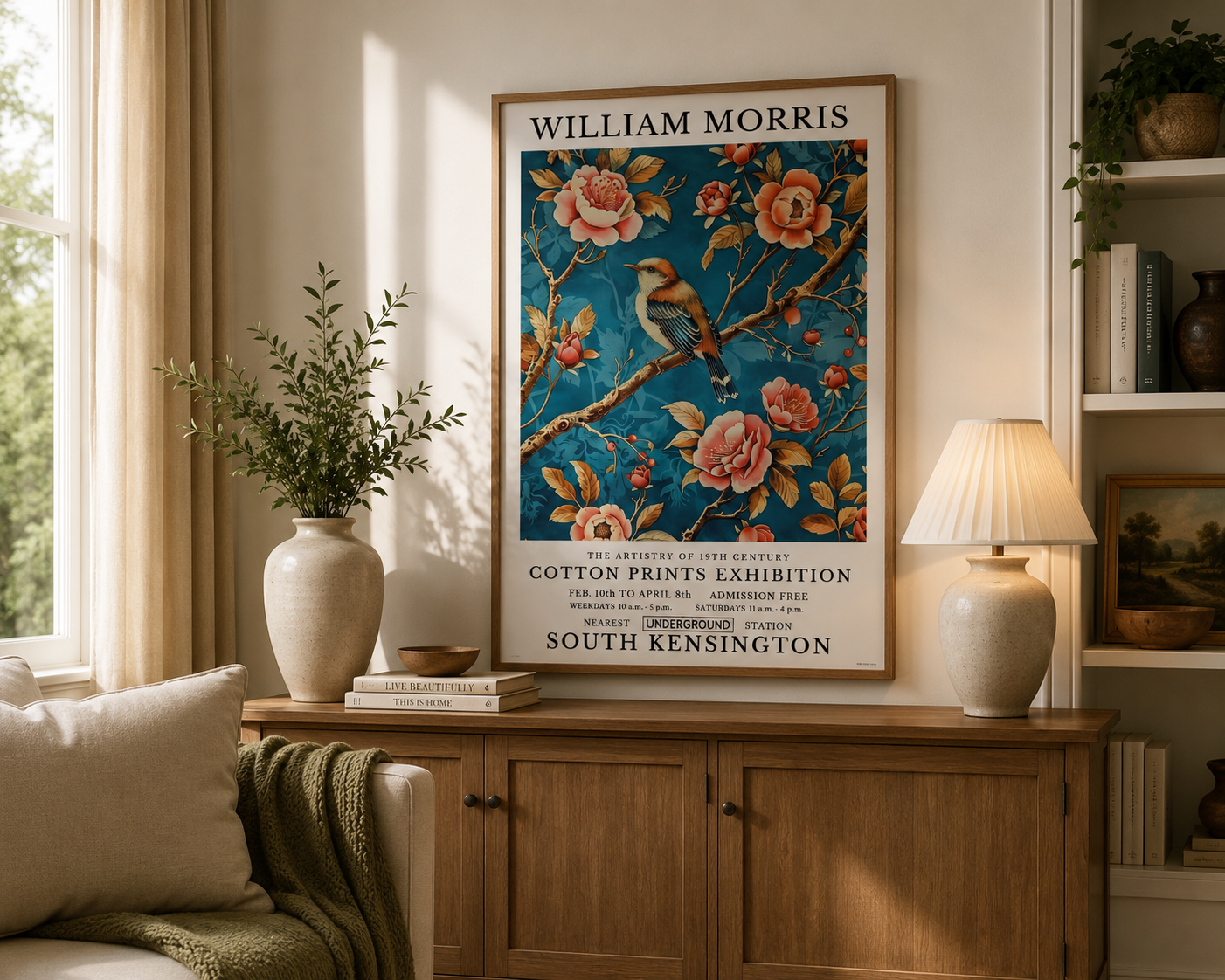Vintage botanical bird print with coral flowers and elegant floral detailing