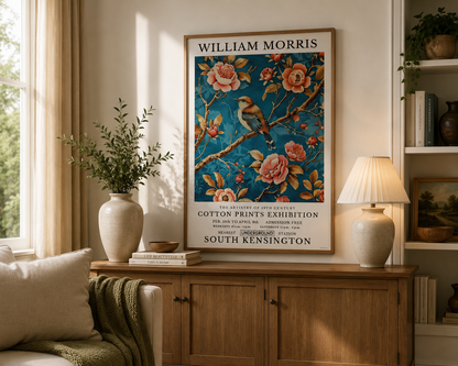 Vintage botanical bird print with coral flowers and elegant floral detailing