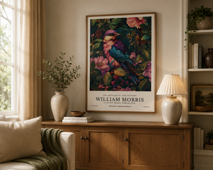 Botanical bird print with colourful plumage surrounded by lush floral foliage