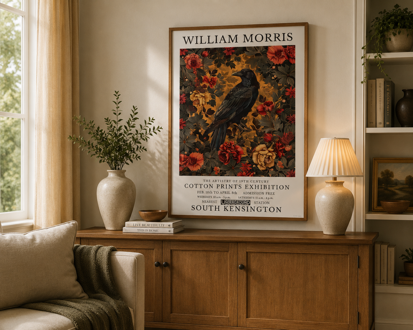 Gothic botanical bird print featuring black raven and autumn floral design