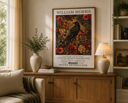 Gothic botanical bird print featuring black raven and autumn floral design