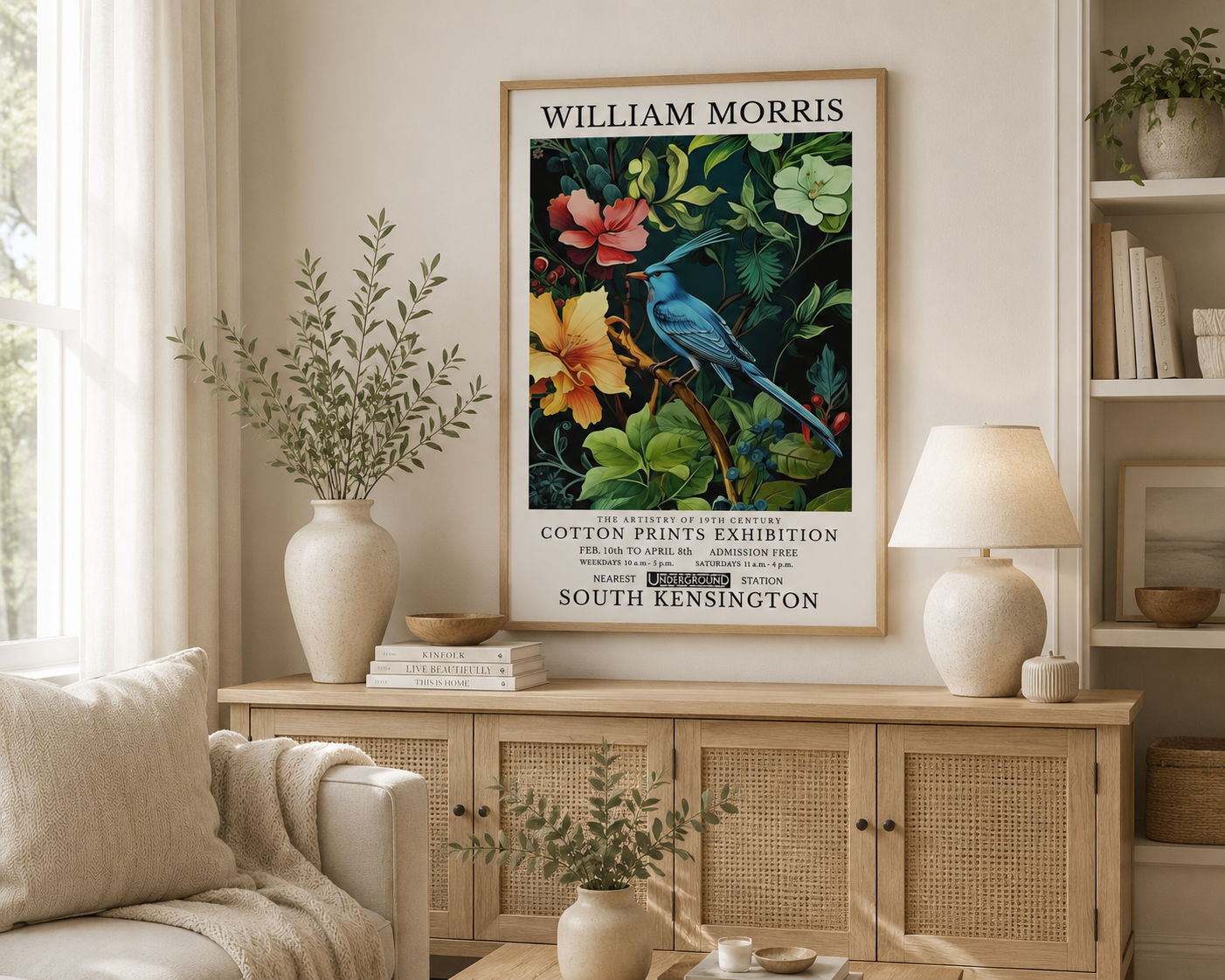 Vibrant blue songbird print featuring colourful floral botanical design