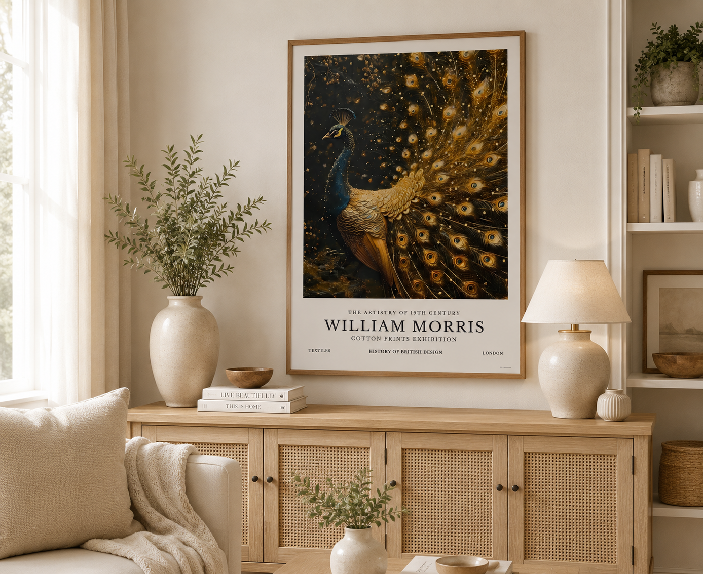 Elegant peacock print with shimmering gold plumage and vintage exhibition styling
