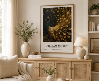 Elegant peacock print with shimmering gold plumage and vintage exhibition styling