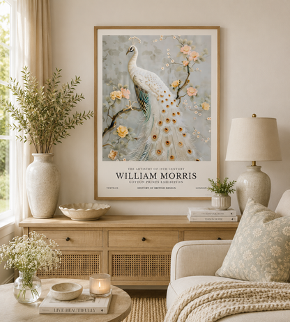 Neutral botanical bird print featuring elegant white peacock and floral details