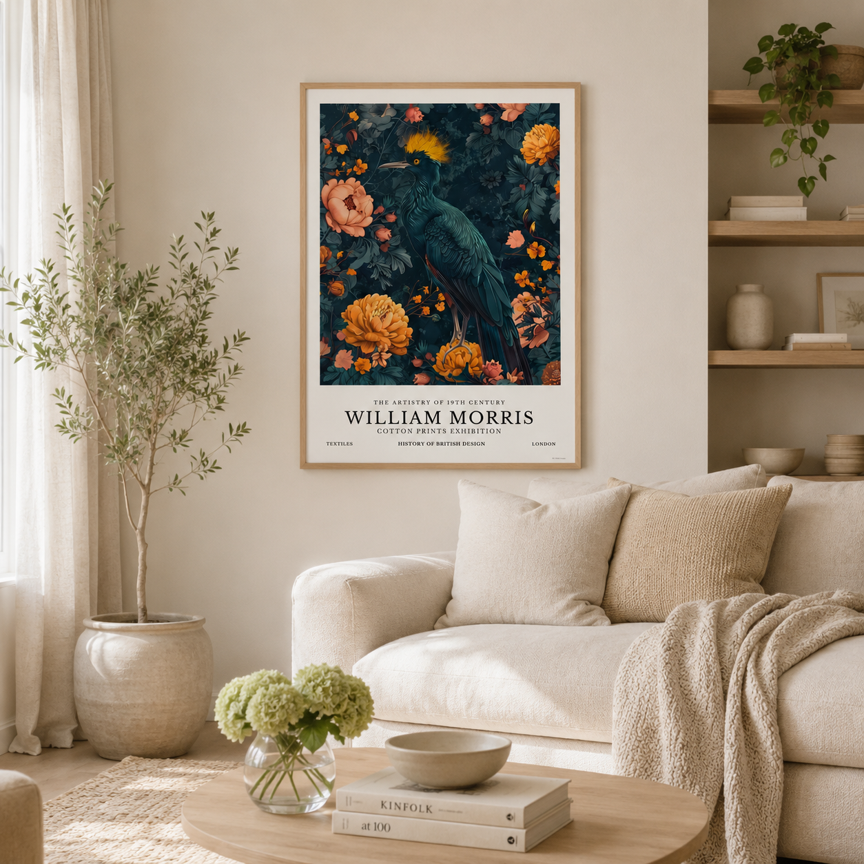 Vintage botanical wall art with exotic bird surrounded by detailed floral blooms.