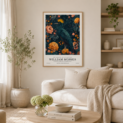 Vintage botanical wall art with exotic bird surrounded by detailed floral blooms.