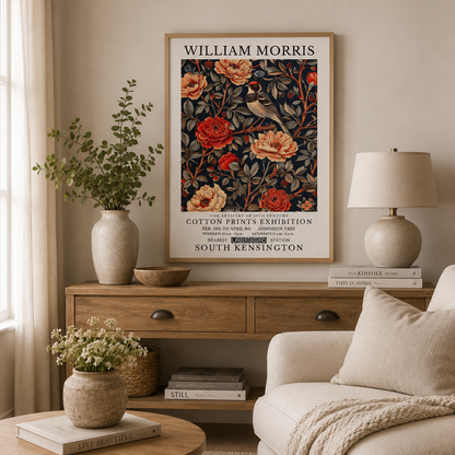 Botanical Goldfinch wall art featuring vintage floral design on a navy background.