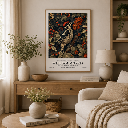 Woodland bird wall art featuring a woodpecker surrounded by burnt orange florals.