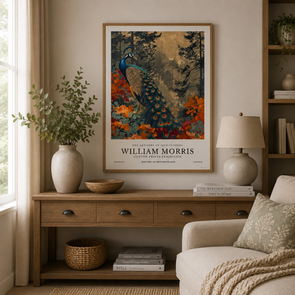 Botanical peacock wall art featuring woodland scenery and burnt orange flowers.