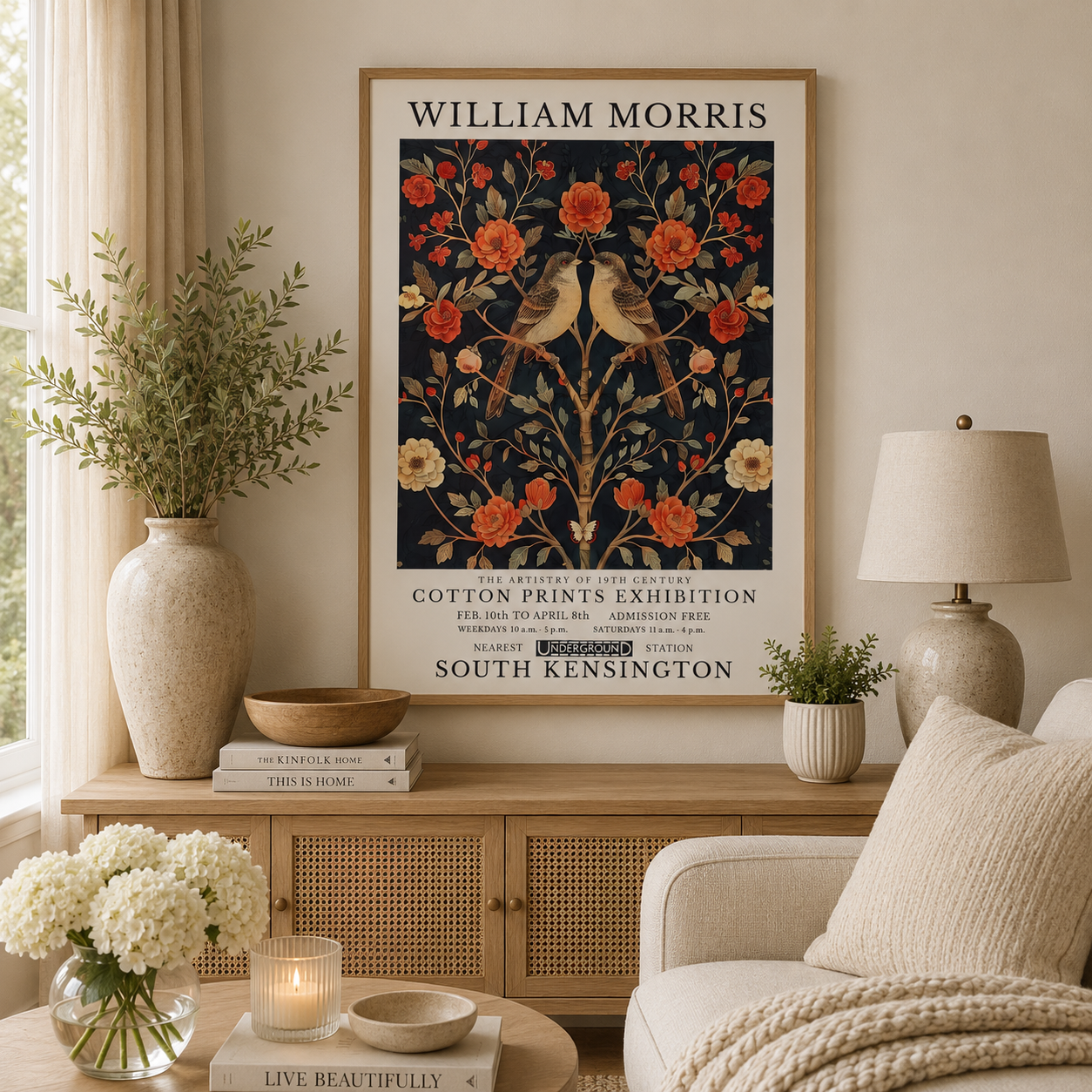 Vintage floral bird print with navy blue background and detailed botanical design.