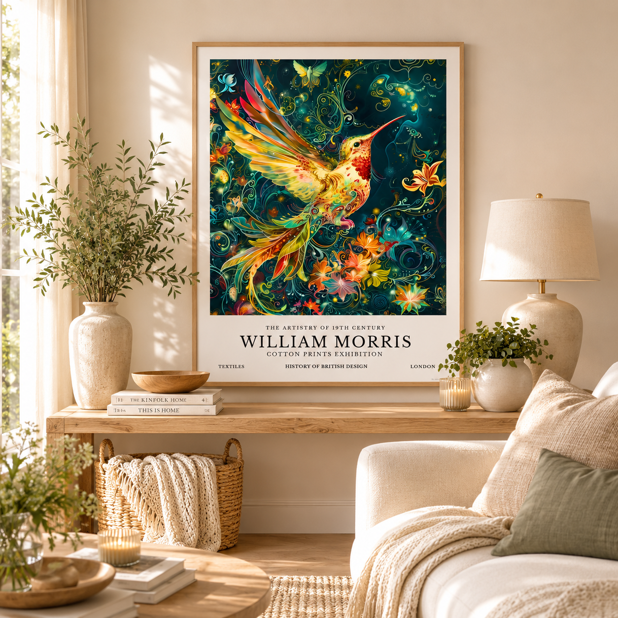 Vibrant hummingbird wall art featuring teal, gold and orange botanical details.