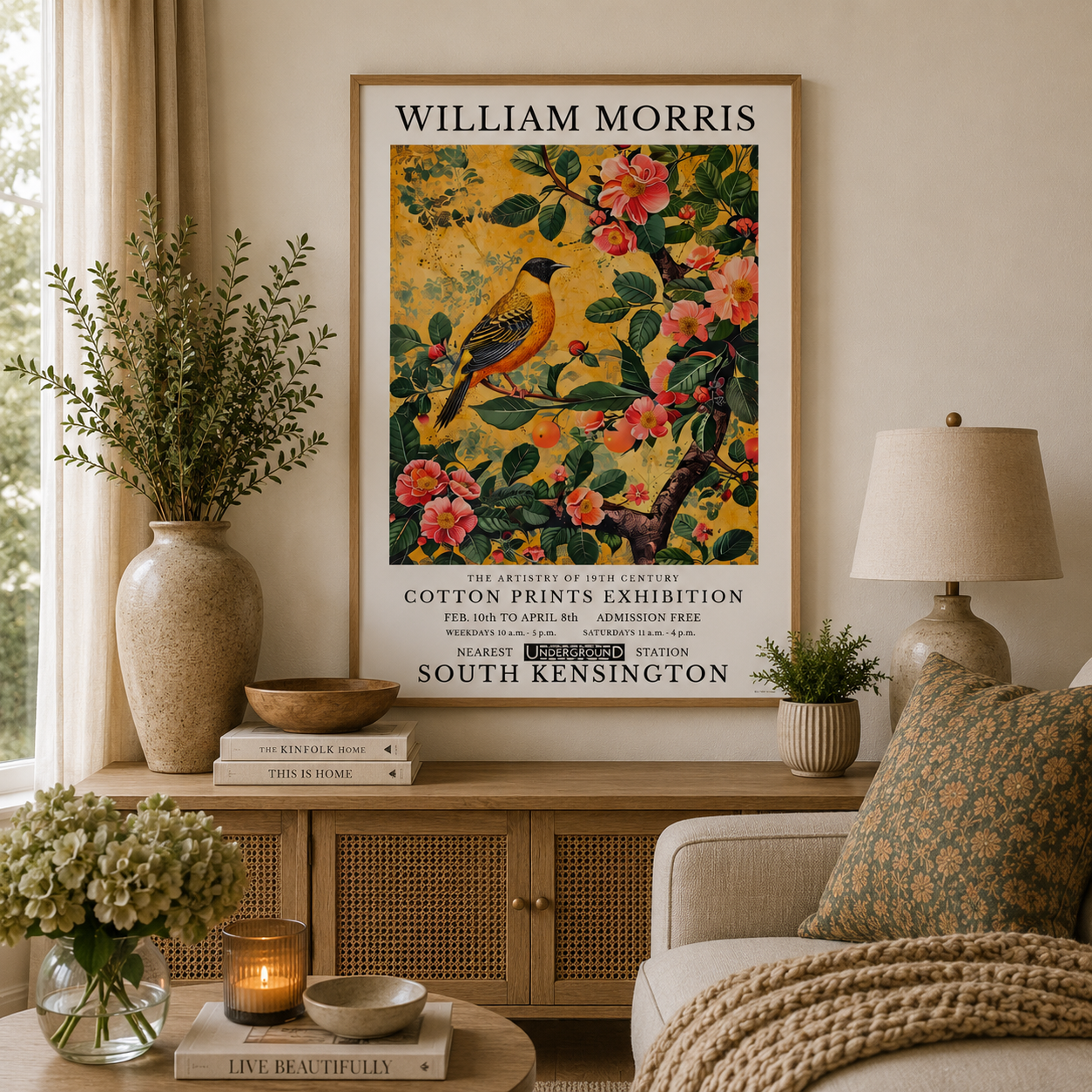 Yellow songbird wall art with botanical floral design on mustard yellow background.