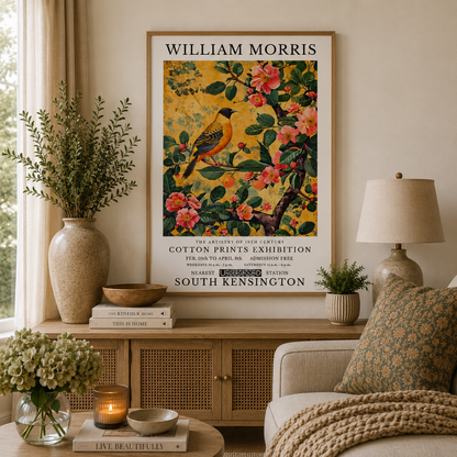 Yellow songbird wall art with botanical floral design on mustard yellow background.