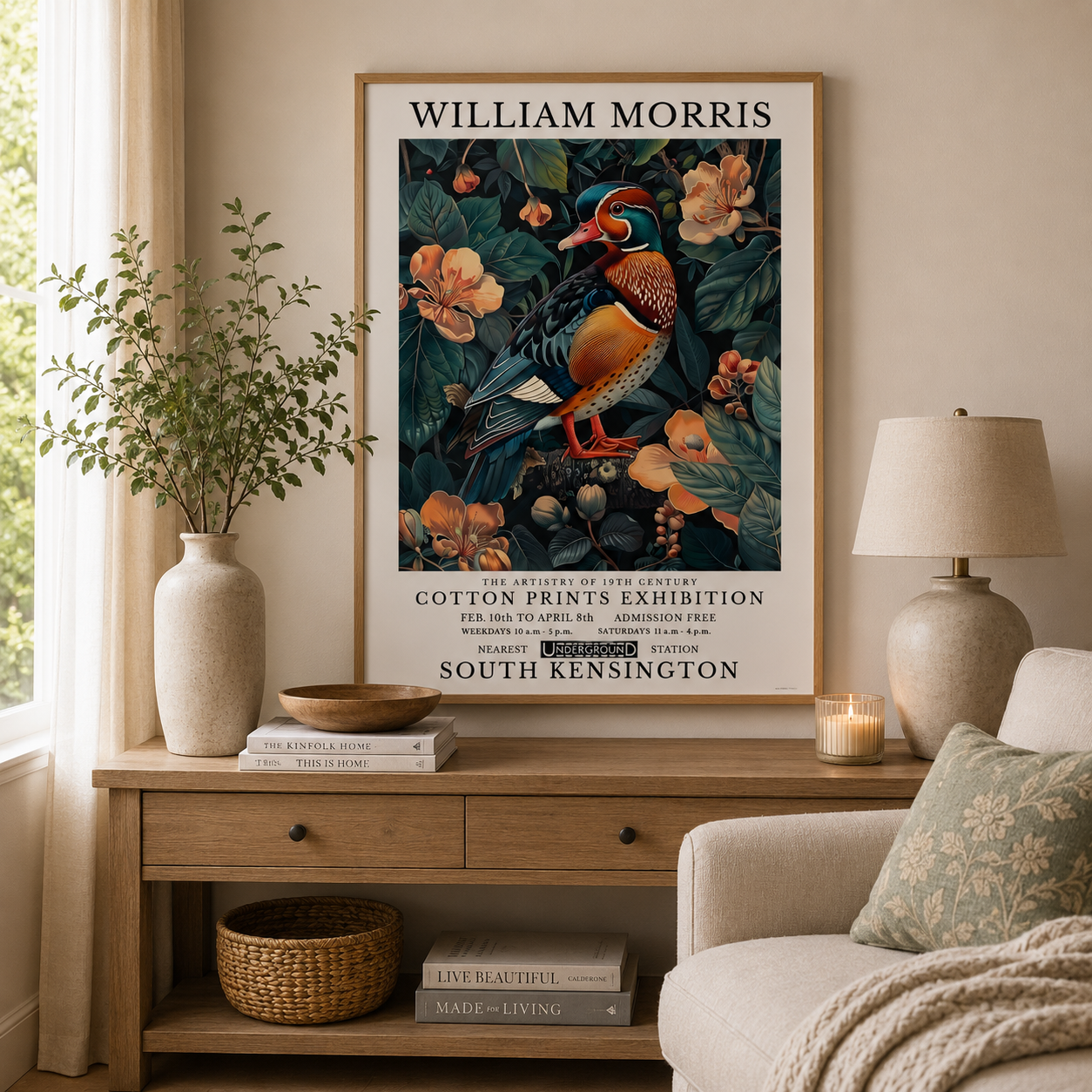 Botanical Mandarin Duck wall art featuring vibrant orange and blue plumage.