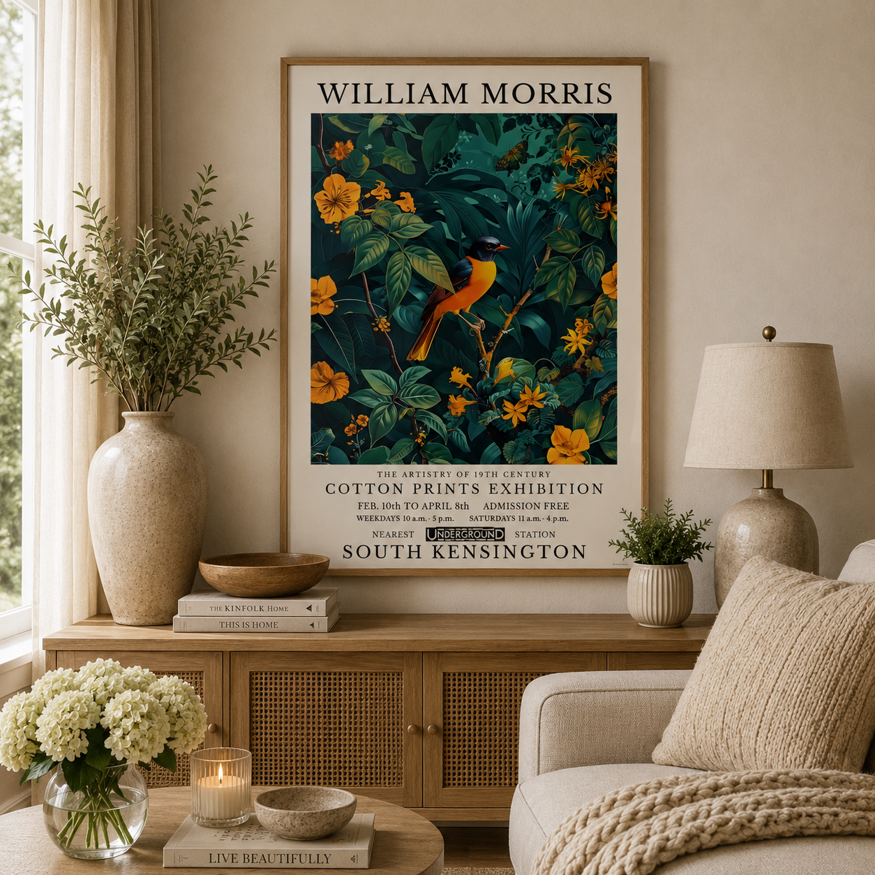 Colourful botanical bird wall art poster in vintage William Morris style with floral details