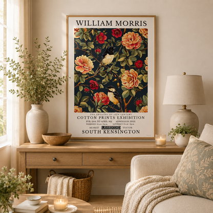 Botanical songbird wall art featuring navy background and vintage floral design.