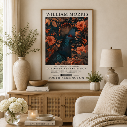 Dark floral bird wall art featuring a blue crowned pigeon in vintage botanical style