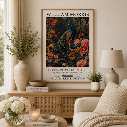 Vintage peacock wall art featuring floral botanical details in William Morris style