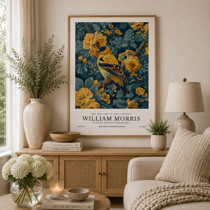 Vintage style goldfinch wall art featuring floral William Morris inspired design in blue and gold tones