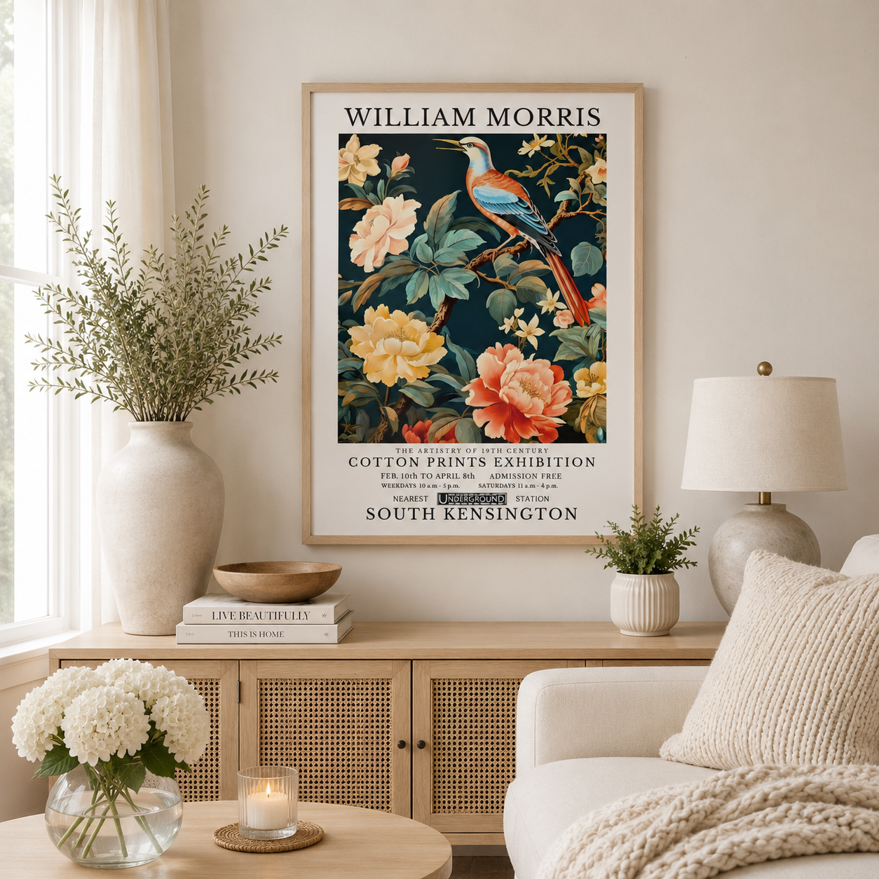 Vintage botanical bird wall art with peach flowers and elegant nature-inspired design