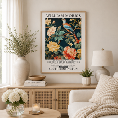 Vintage botanical bird wall art with peach flowers and elegant nature-inspired design