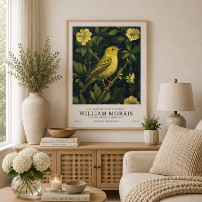 Vintage botanical bird artwork featuring a bright yellow songbird on a dark floral background