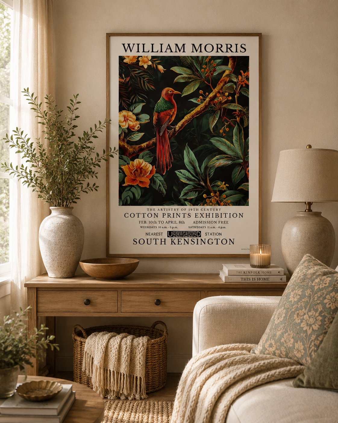 Exotic bird wall art featuring copper red plumage surrounded by tropical flowers and leaves.