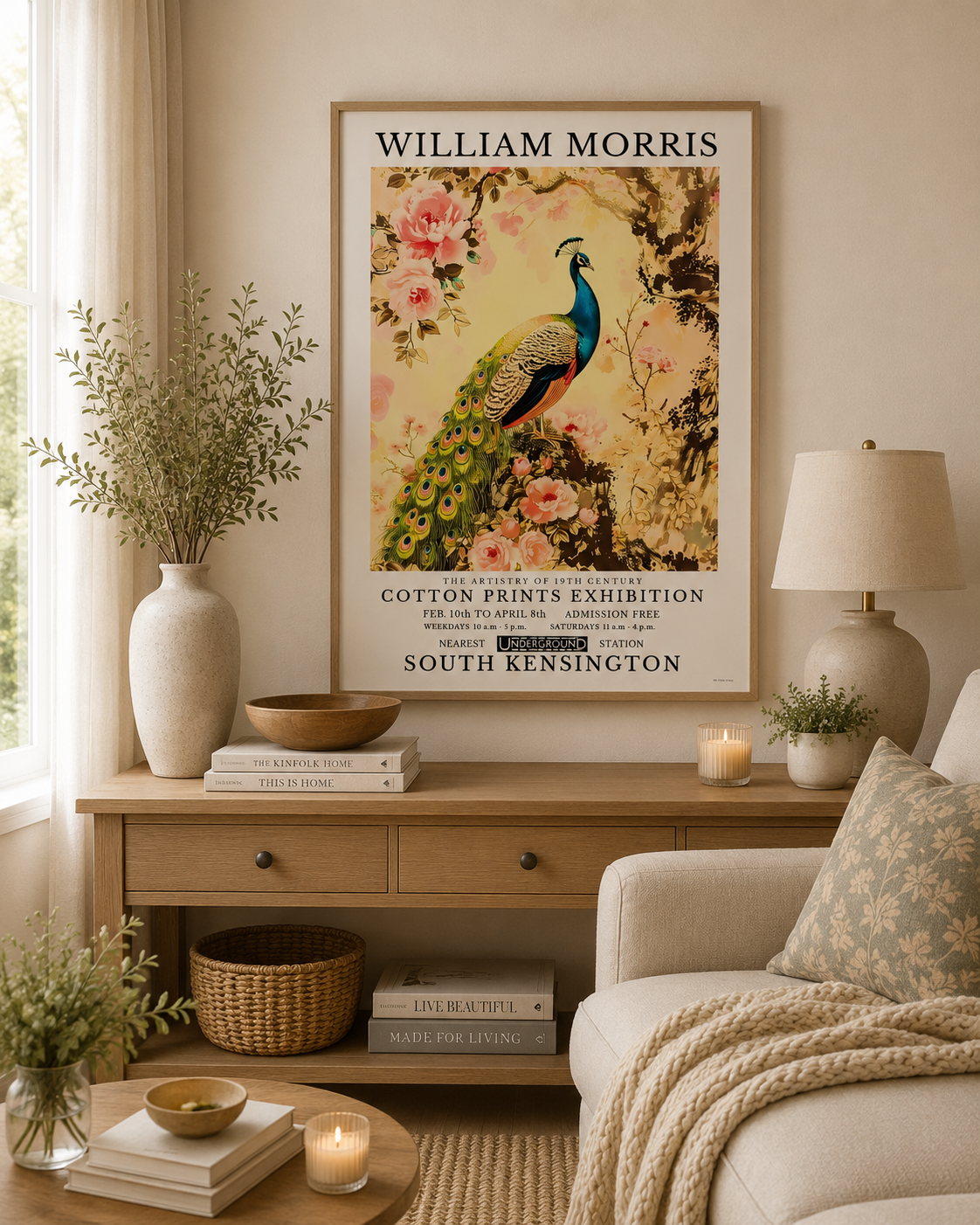 Elegant peacock wall art featuring sapphire blue feathers and floral details.