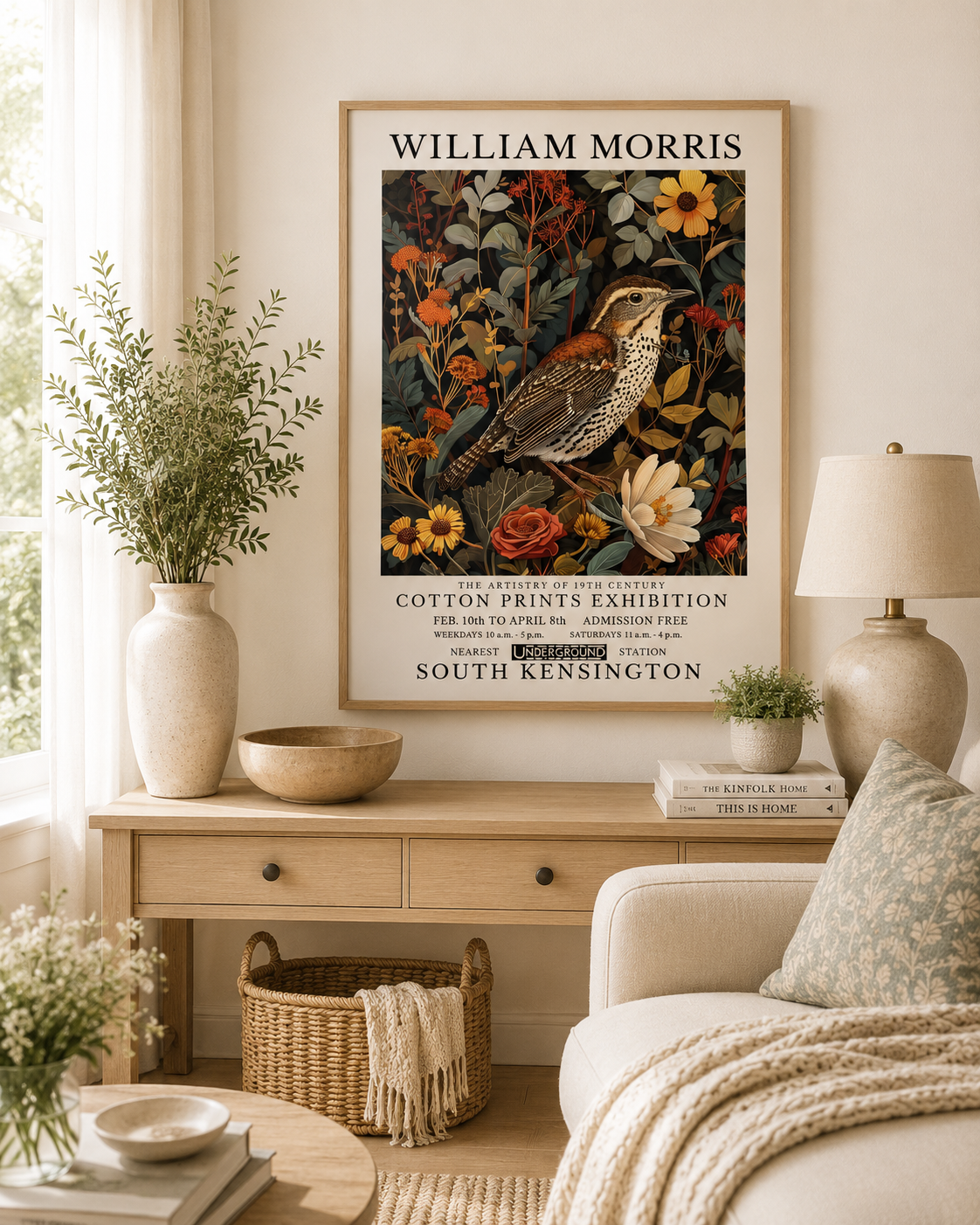 Woodland bird wall art featuring chestnut brown plumage and autumn florals.