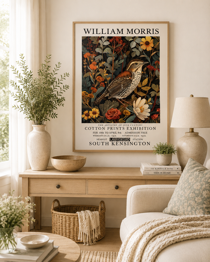 Woodland bird wall art featuring chestnut brown plumage and autumn florals.