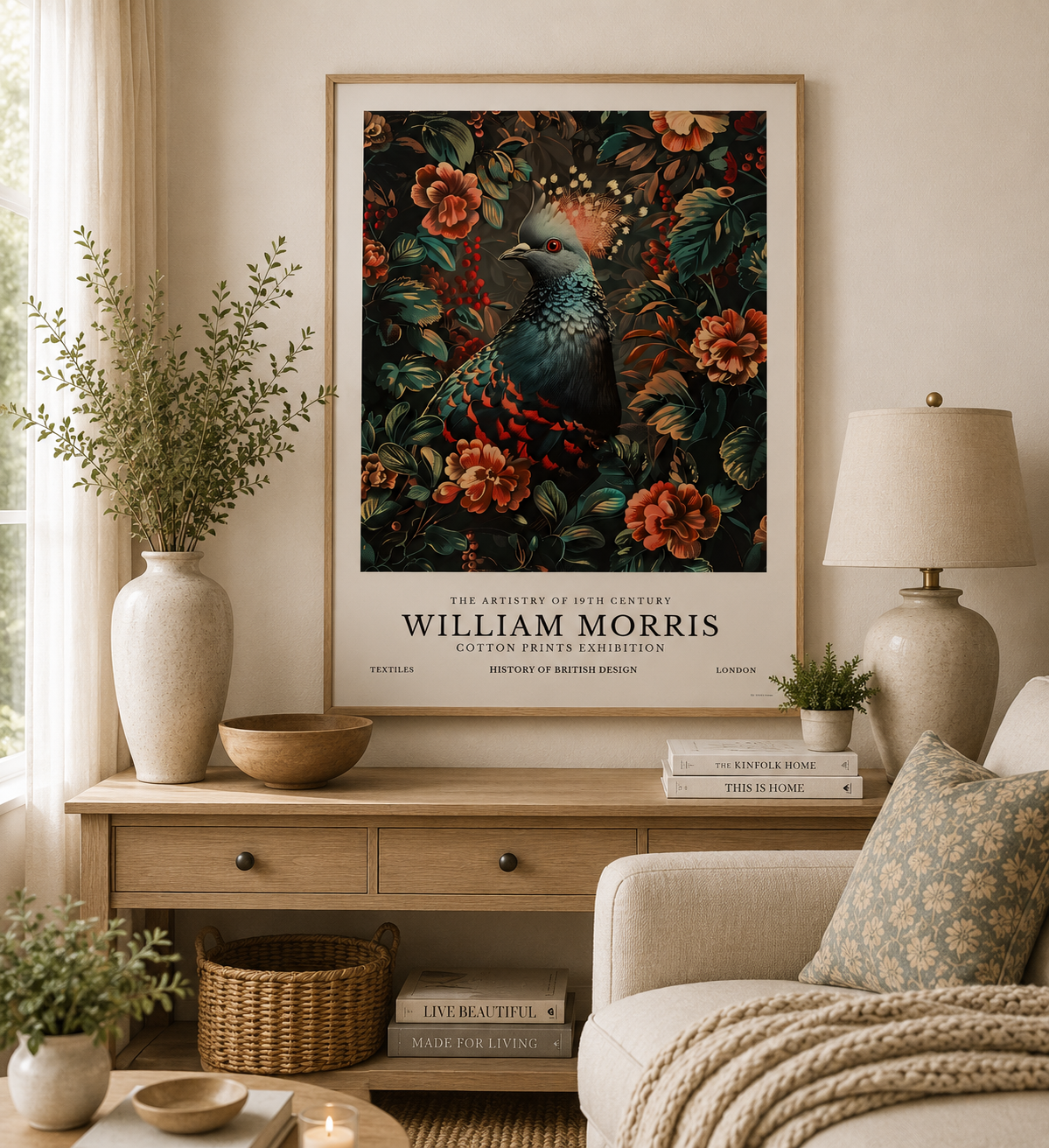 Exotic crowned pigeon wall art featuring teal blue plumage and coral florals.