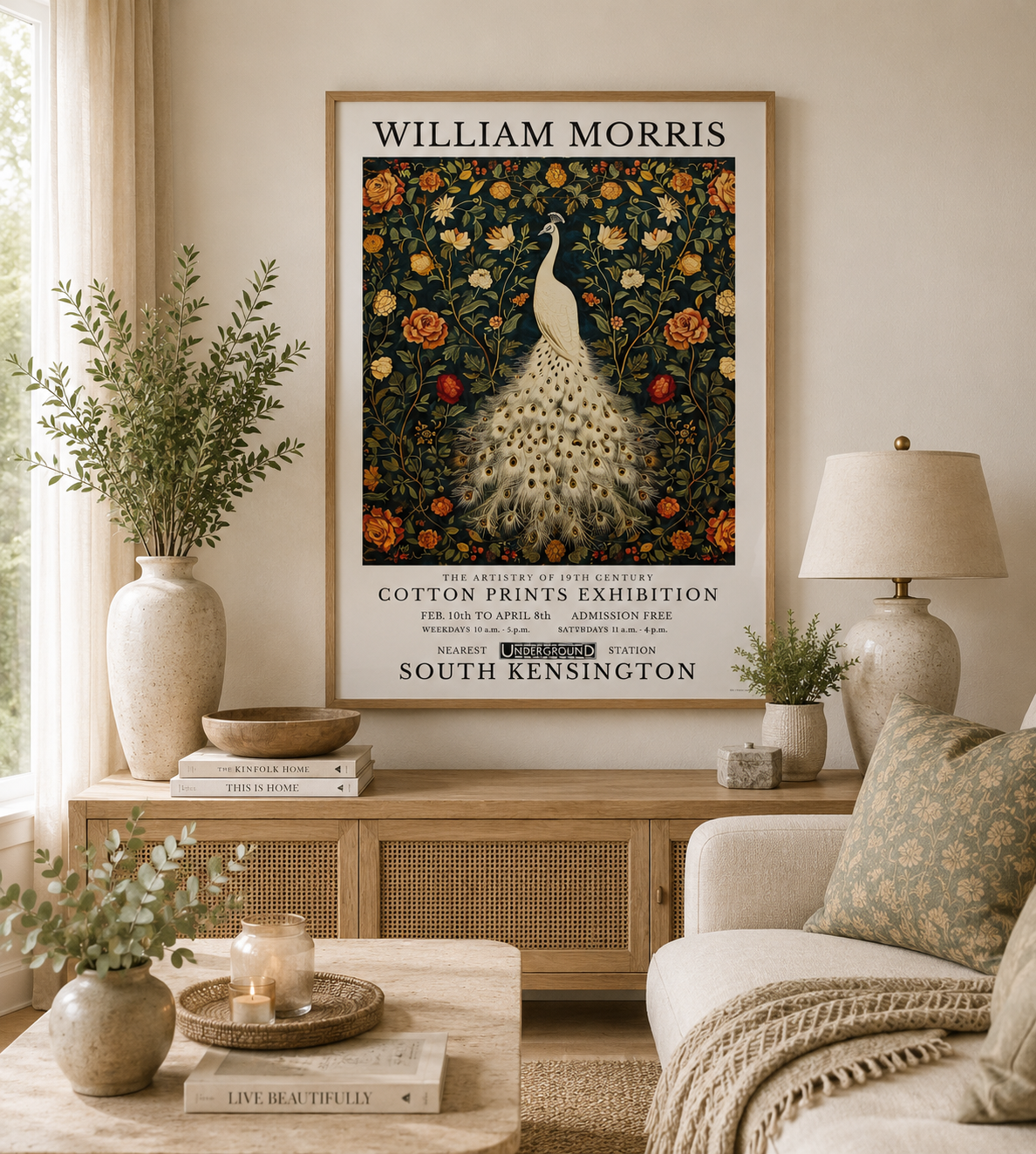 Elegant white peacock wall art featuring navy floral background and cottagecore styling.