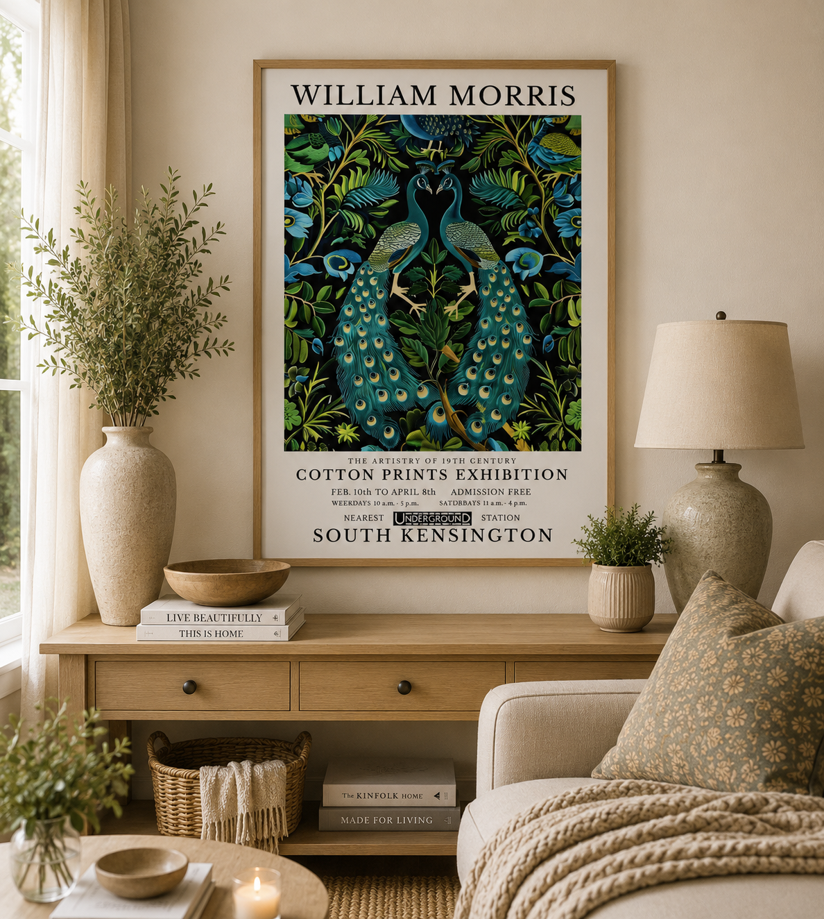 Botanical peacock wall art with emerald green leaves and decorative floral details.