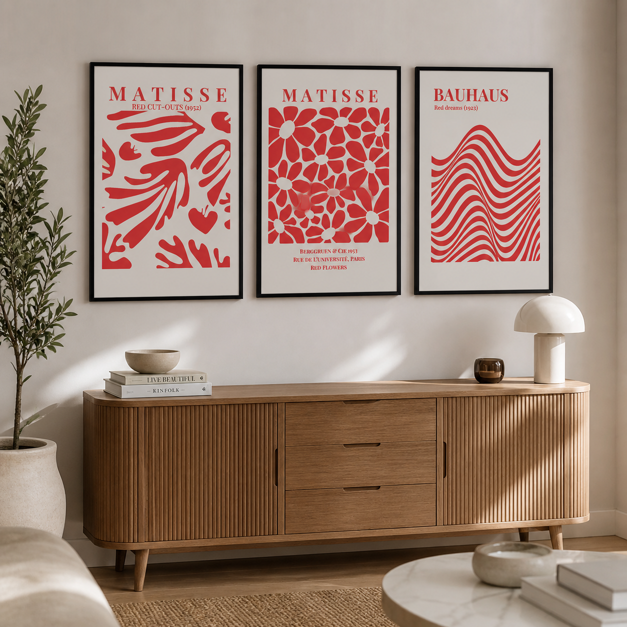 Set of 3 Red Bauhaus Matisse Prints