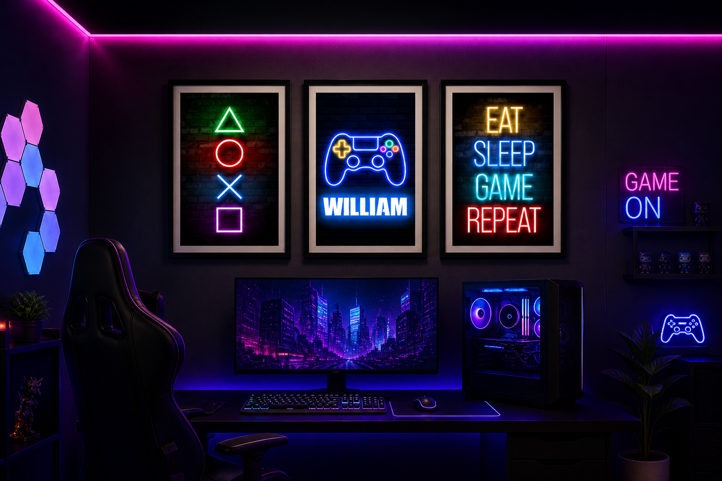 Set of 3 Personalised Neon Gamer Prints